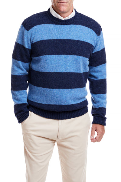 Shetland Crewneck Sweater Navy & Denim Rep Stripe MENS OUTERWEAR Castaway Nantucket Island