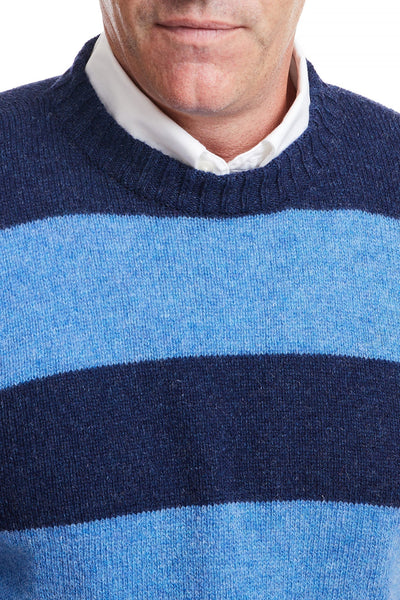 Shetland Crewneck Sweater Navy & Denim Rep Stripe MENS OUTERWEAR Castaway Nantucket Island