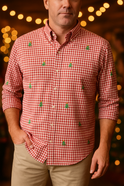 Straight Wharf Shirt Red Gingham with Christmas Tree MENS SPORT SHIRTS Castaway Nantucket Island