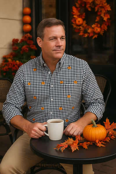 Straight Wharf Shirt Wide Gingham Black with Jack O'Lantern MENS SPORT SHIRTS Castaway Nantucket Island