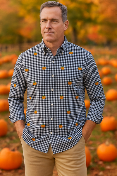 Straight Wharf Shirt Wide Gingham Black with Jack O'Lantern MENS SPORT SHIRTS Castaway Nantucket Island
