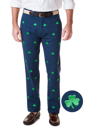Harbor Pant Stretch Twill Nantucket Navy With Shamrock MENS EMBROIDERED PANTS Castaway Nantucket Island