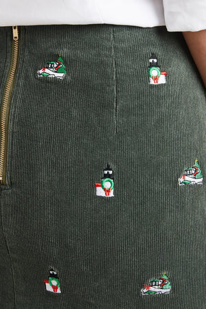 Ali Skirt Corduroy Olive with Santa Boat & Lighthouse LADIES SKIRTS Castaway Nantucket Island