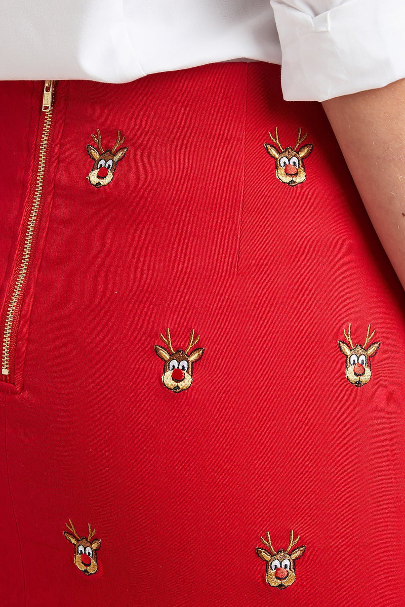 Ali Skirt Stretch Twill Bright Red with Rudolph LADIES SKIRTS Castaway Nantucket Island