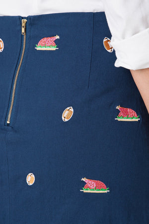 Ali Skirt Stretch Twill Nantucket Navy with Cooked Turkey & Football 19" - Castaway Nantucket Island