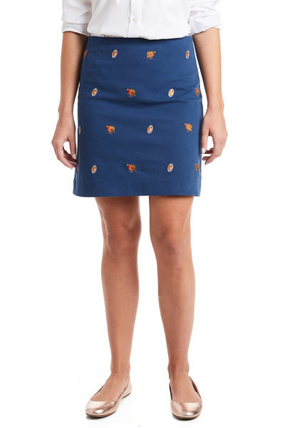 Ali Skirt Stretch Twill Nantucket Navy with Turkey & Football LADIES SKIRTS Castaway Nantucket Island