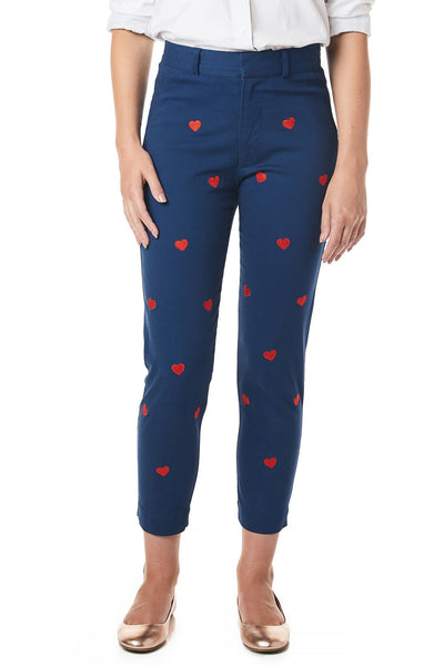 Ankle Capri Stretch Twill Nantucket Navy with Hearts - Castaway Nantucket Island