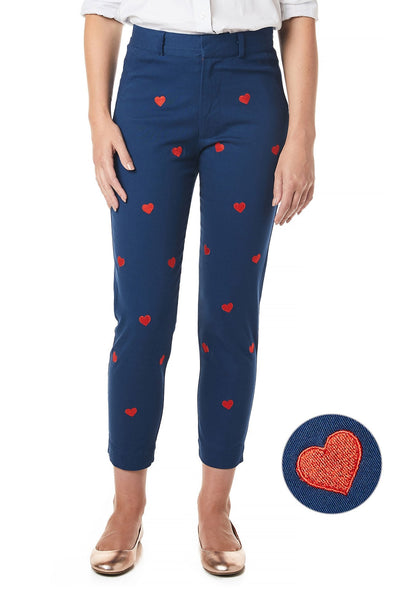 Ankle Capri Stretch Twill Nantucket Navy with Hearts - Castaway Nantucket Island