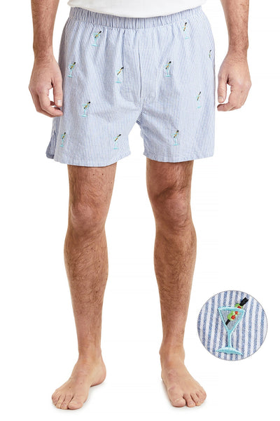 Barefoot Boxer Blue Oxford Stripe with Martini CASTAWAY BOXERS Castaway Nantucket Island