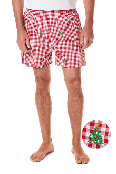 Barefoot Boxer Wide Gingham Red with Christmas Tree - CASTAWAY BOXERS - Castaway Nantucket Island