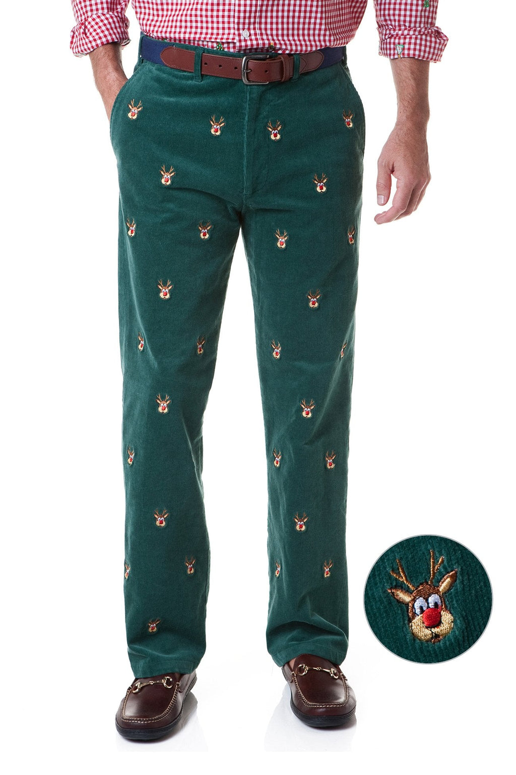 Beachcomber Cord Pant Hunter with Rudolph - MENS EMBROIDERED PANTS - Castaway Nantucket Island