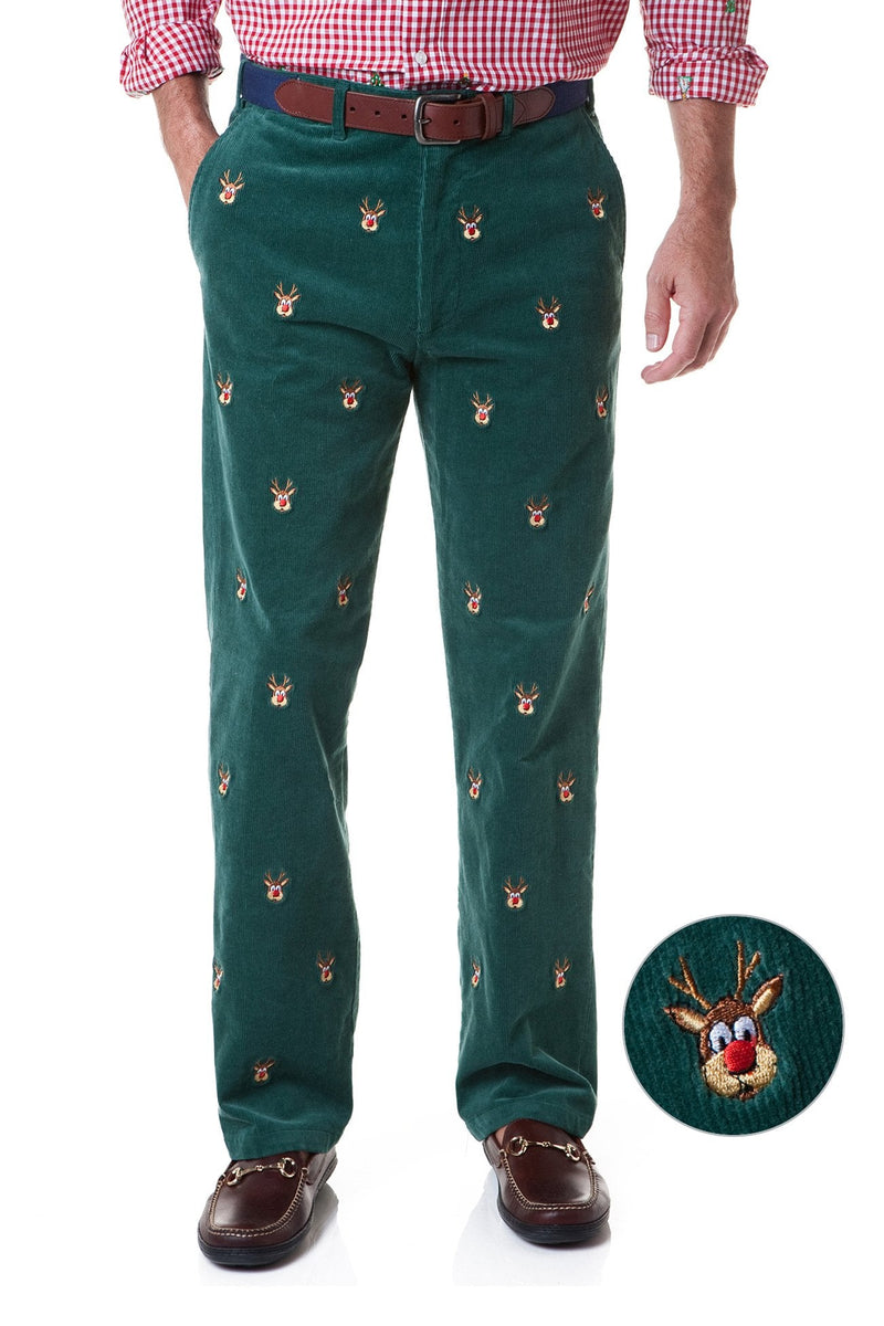 Beachcomber Cord Pant Hunter with Rudolph - MENS EMBROIDERED PANTS - Castaway Nantucket Island
