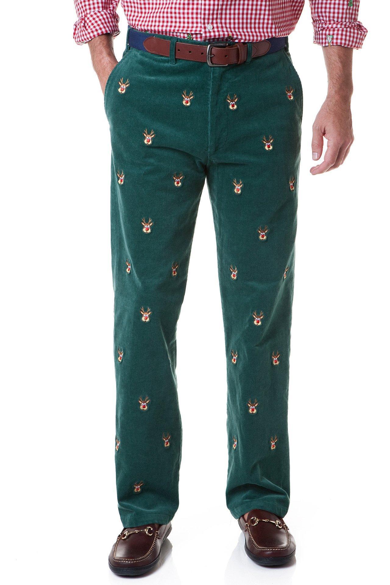 Beachcomber Cord Pant Hunter with Rudolph - MENS EMBROIDERED PANTS - Castaway Nantucket Island