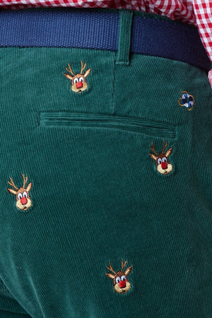 Beachcomber Cord Pant Hunter with Rudolph - MENS EMBROIDERED PANTS - Castaway Nantucket Island