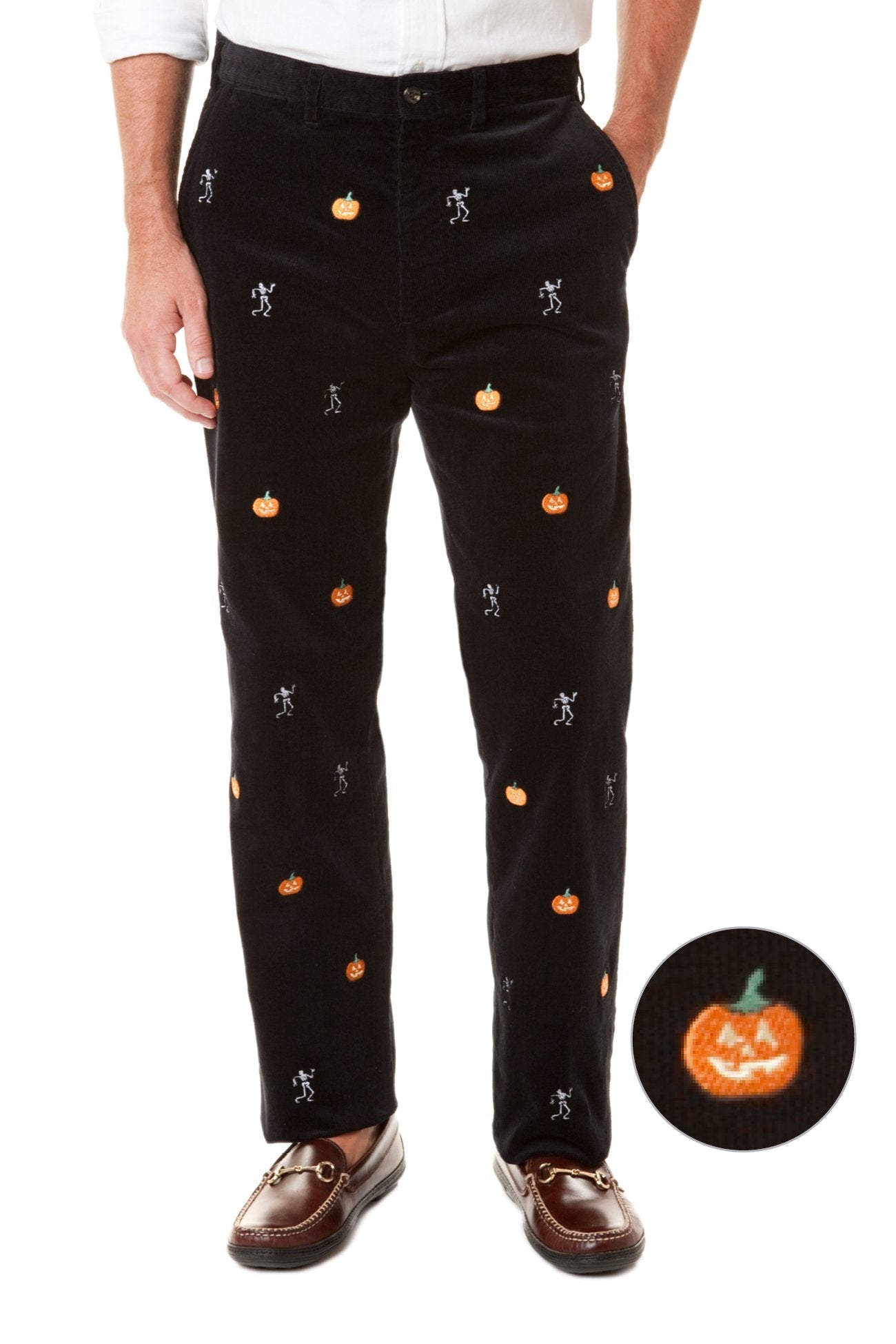 Beachcomber Cord Pant Midnight Black With Pumpkin & Skeleton - MENS EMBROIDERED PANTS - Castaway Nantucket Island