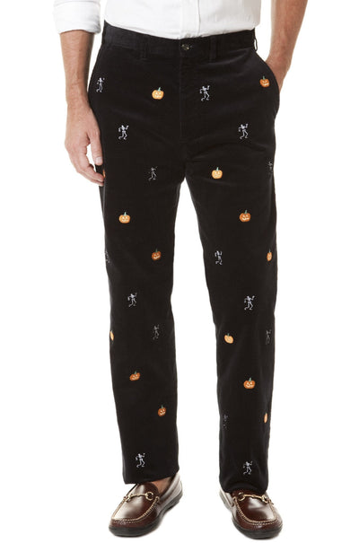 Beachcomber Cord Pant Midnight Black With Pumpkin & Skeleton - MENS EMBROIDERED PANTS - Castaway Nantucket Island