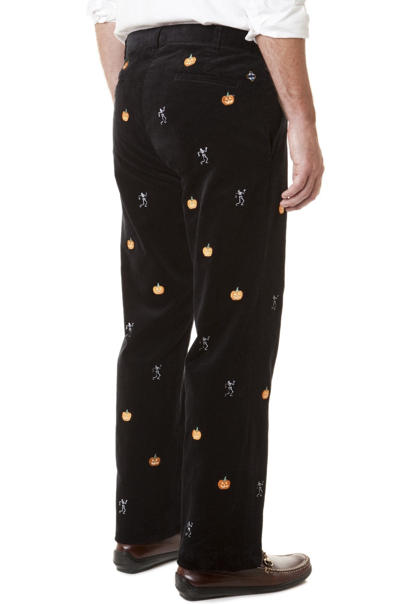 Beachcomber Cord Pant Midnight Black With Pumpkin & Skeleton - MENS EMBROIDERED PANTS - Castaway Nantucket Island