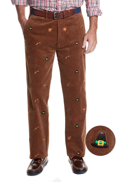 Beachcomber Corduroy Pant Chocolate With Turkey Hunt - MENS EMBROIDERED PANTS - Castaway Nantucket Island