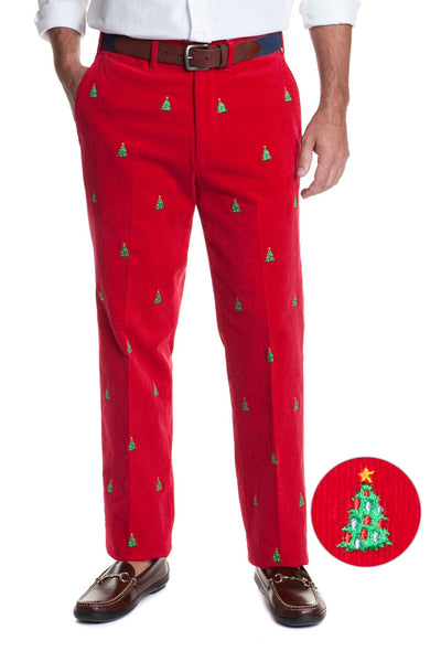 Beachcomber Corduroy Pant Crimson with Christmas Tree - MENS EMBROIDERED PANTS - Castaway Nantucket Island