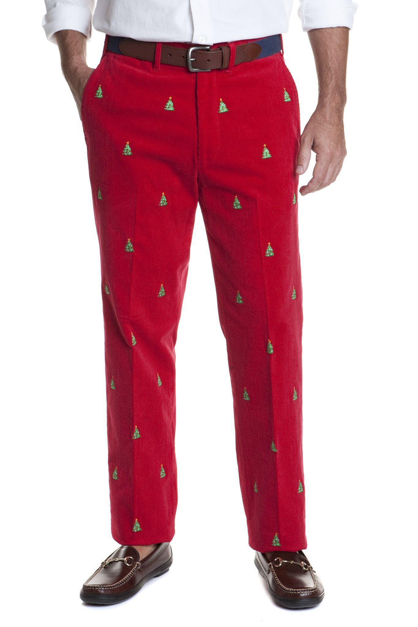 Beachcomber Corduroy Pant Crimson with Christmas Tree - MENS EMBROIDERED PANTS - Castaway Nantucket Island