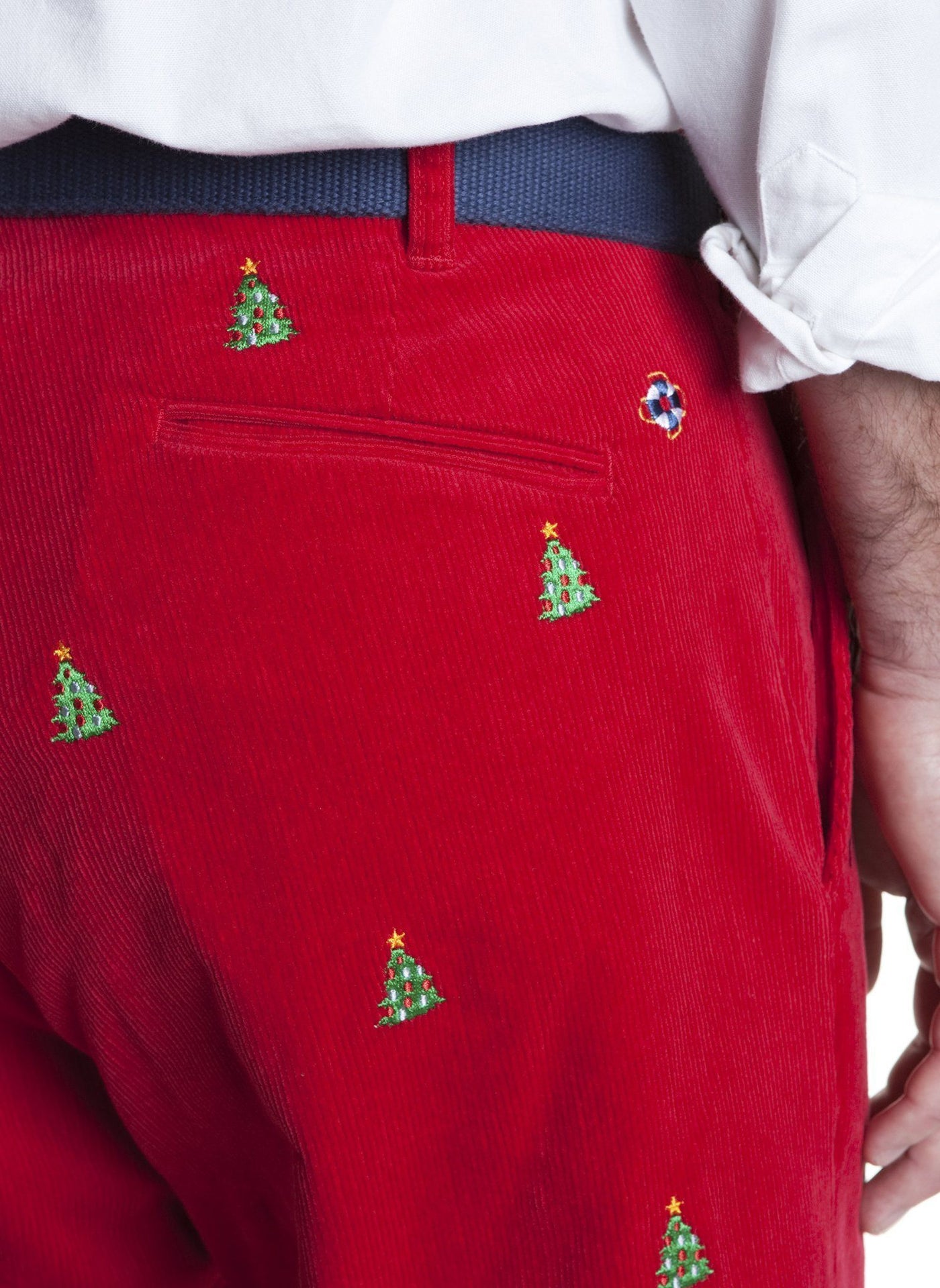 Beachcomber Corduroy Pant Crimson with Christmas Tree - MENS EMBROIDERED PANTS - Castaway Nantucket Island