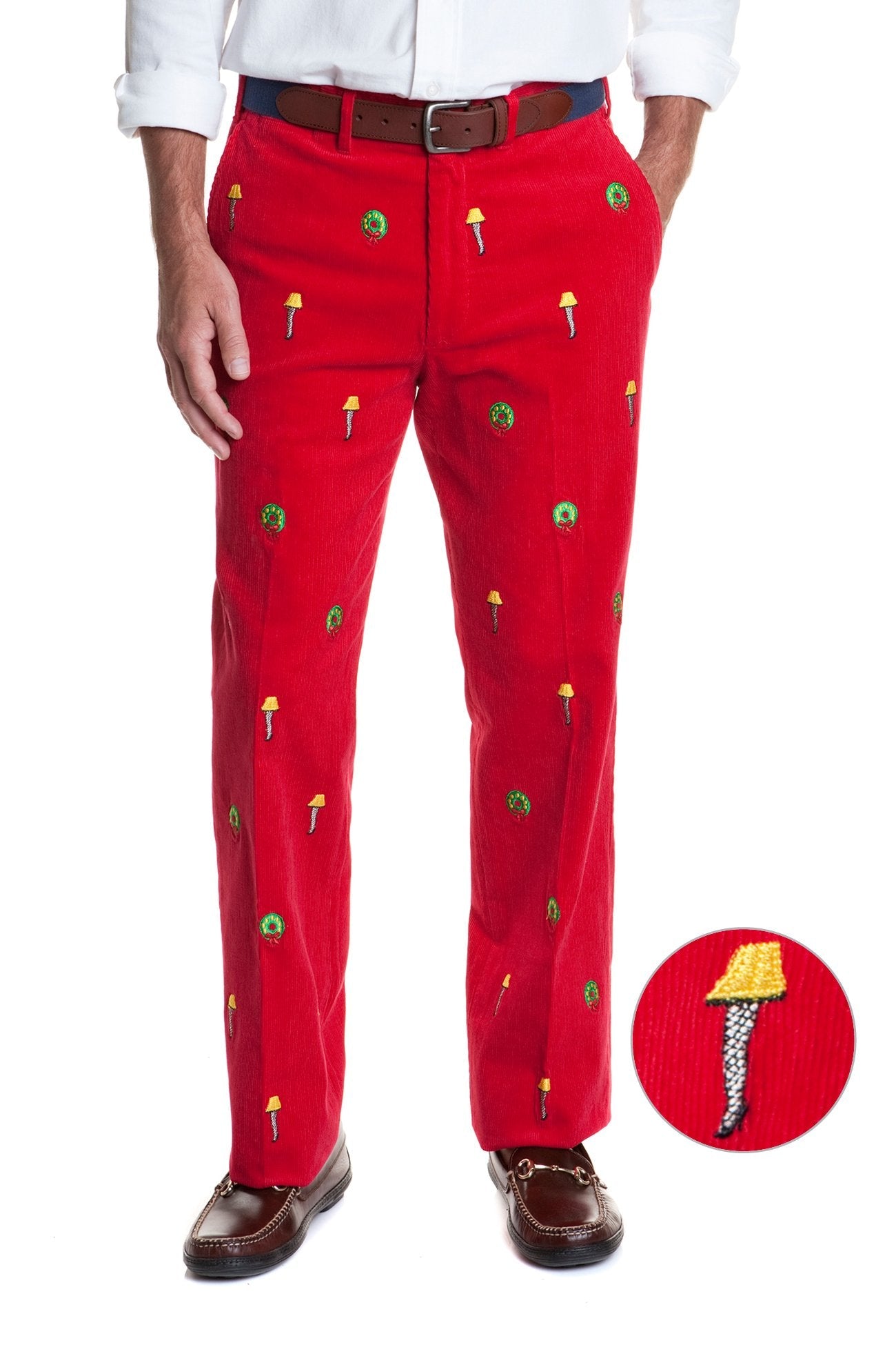 Beachcomber Corduroy Pant Crimson with Leg Lamp - MENS EMBROIDERED PANTS - Castaway Nantucket Island