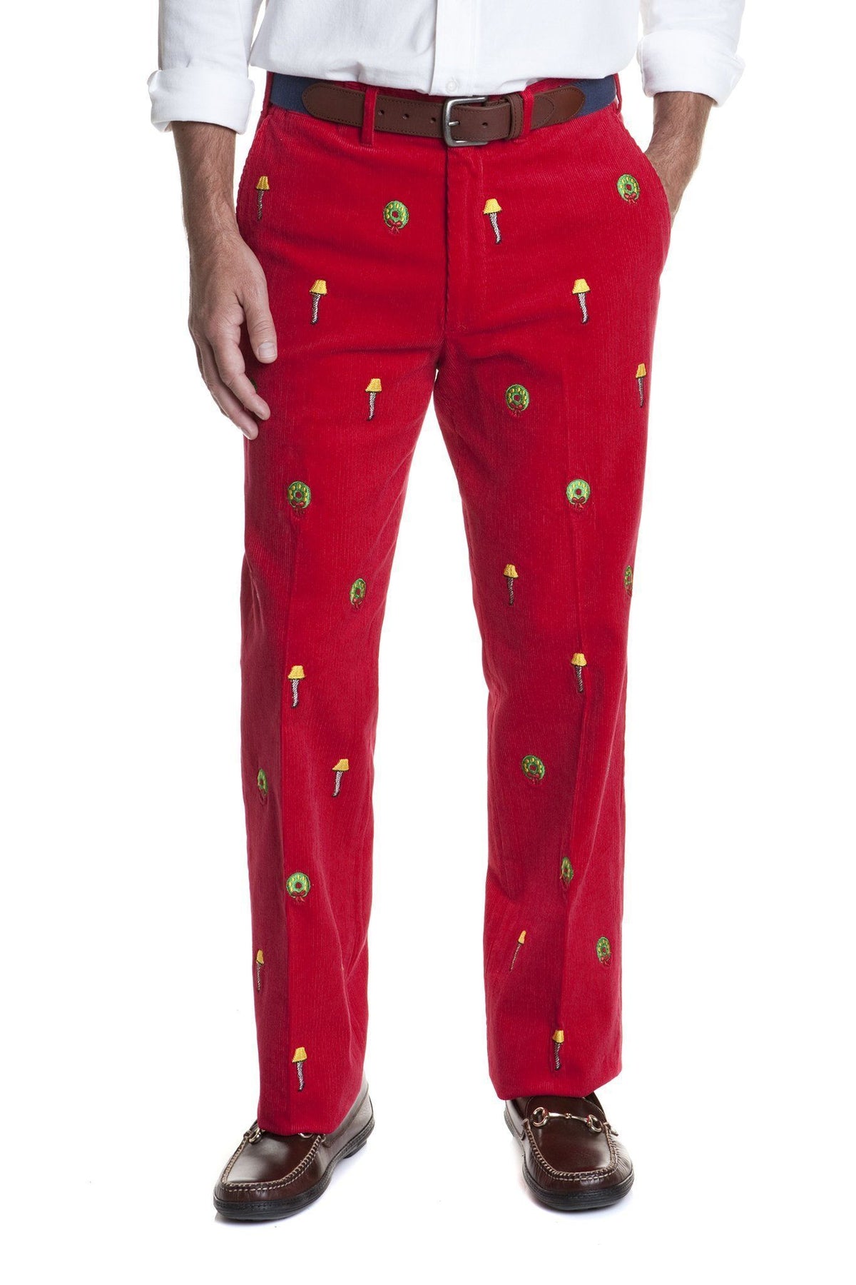 Castaway Mens Embroidered Holiday Pants Crimson with Leg Lamp