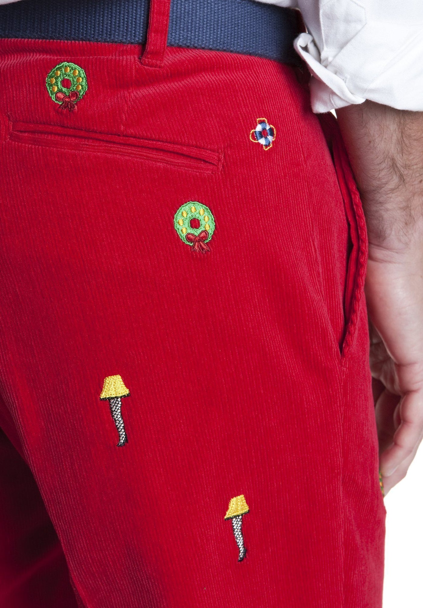 Beachcomber Corduroy Pant Crimson with Leg Lamp - MENS EMBROIDERED PANTS - Castaway Nantucket Island