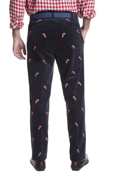 Christmas Corduroy Embroidered Mens Pant Navy with Candy Canes