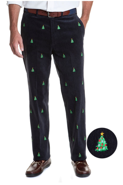 Beachcomber Corduroy Pant Nantucket Navy With Christmas Tree - MENS EMBROIDERED PANTS - Castaway Nantucket Island