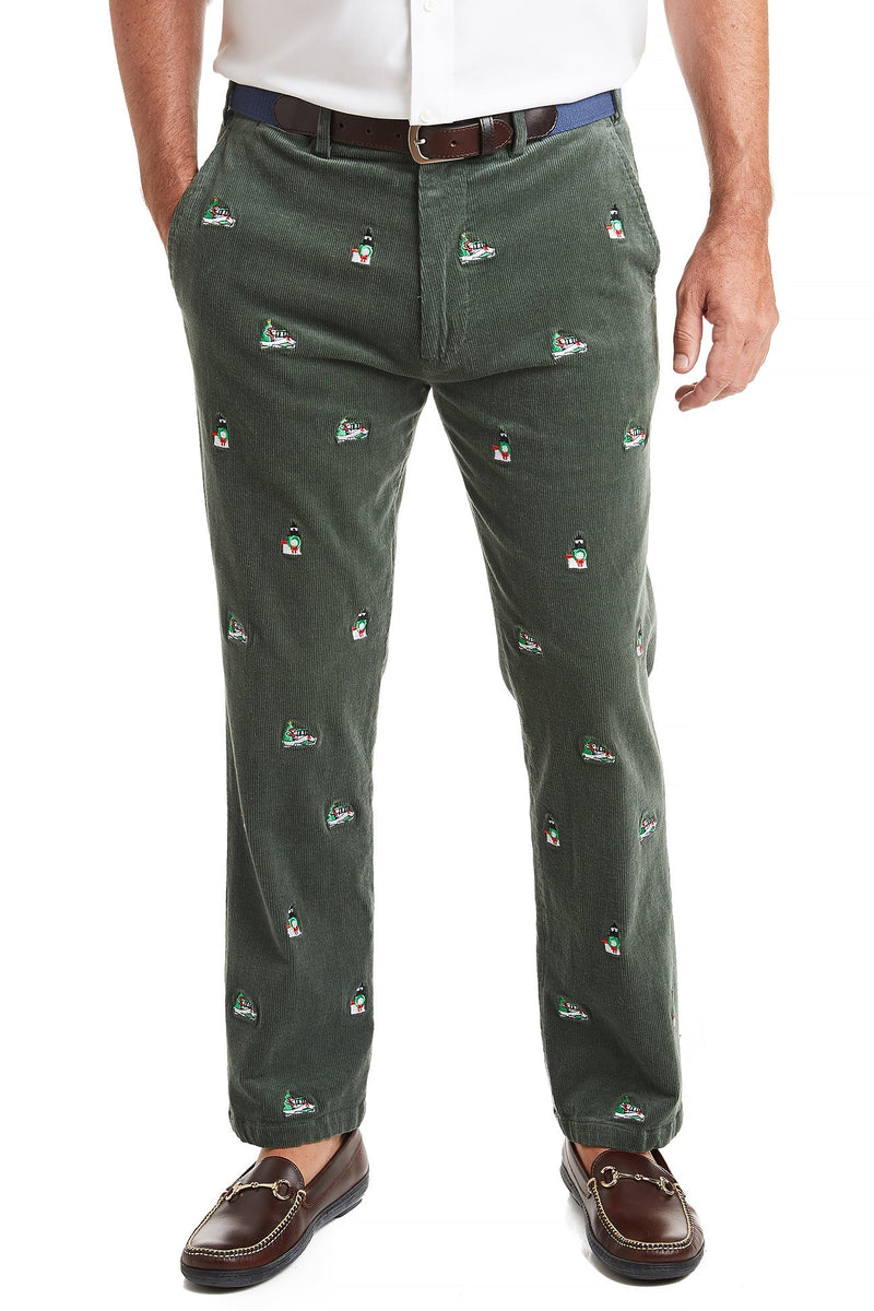 Beachcomber Corduroy Pant Olive with Santa Boat and Lighthouse MENS EMBROIDERED PANTS Castaway Nantucket Island
