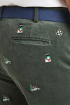 Beachcomber Corduroy Pant Olive with Santa Boat and Lighthouse MENS EMBROIDERED PANTS Castaway Nantucket Island