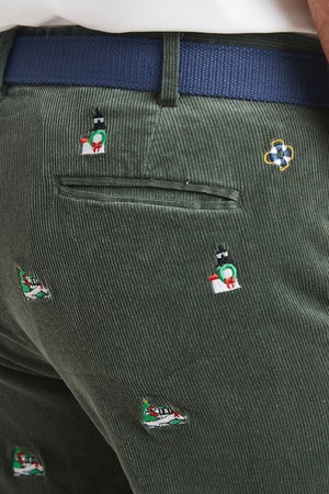 Beachcomber Corduroy Pant Olive with Santa Boat and Lighthouse MENS EMBROIDERED PANTS Castaway Nantucket Island