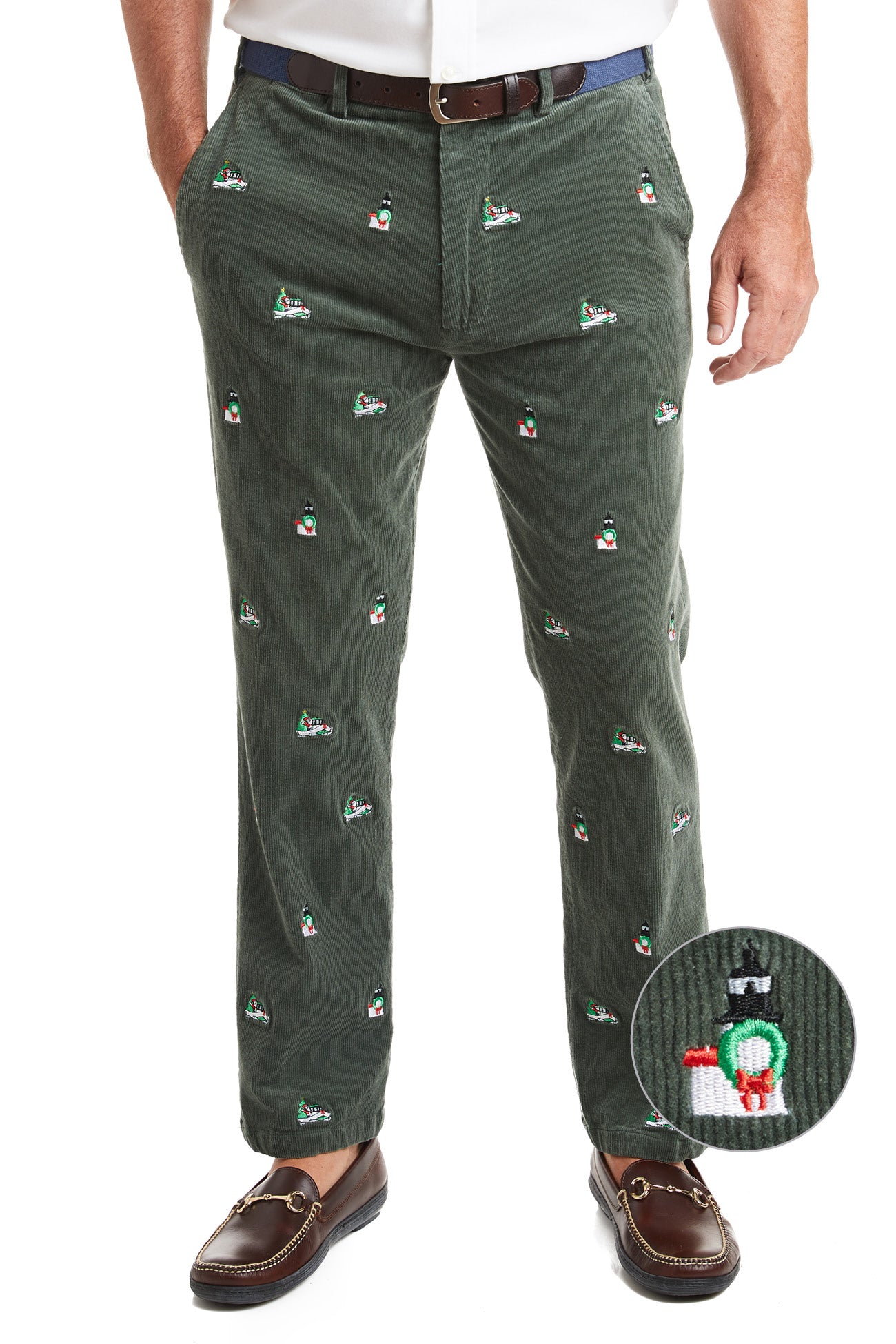 Beachcomber Corduroy Pant Olive with Santa Boat and Lighthouse MENS EMBROIDERED PANTS Castaway Nantucket Island