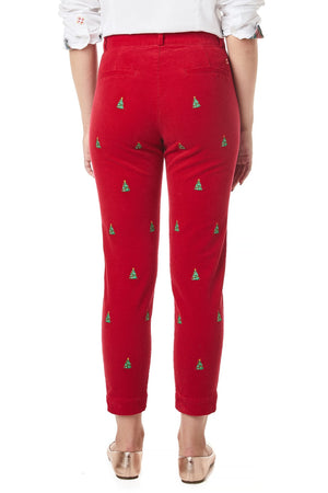 Beachcomber Stretch Corduroy Ankle Capri Crimson with Christmas Tree - Castaway Nantucket Island