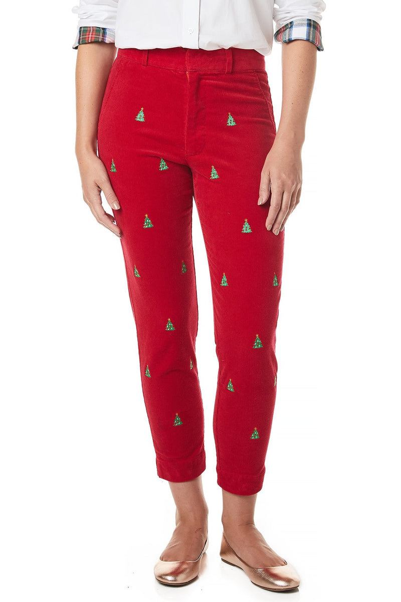 Beachcomber Stretch Corduroy Ankle Capri Crimson with Christmas Tree - Castaway Nantucket Island