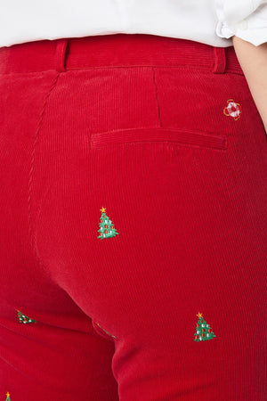 Beachcomber Stretch Corduroy Ankle Capri Crimson with Christmas Tree - Castaway Nantucket Island