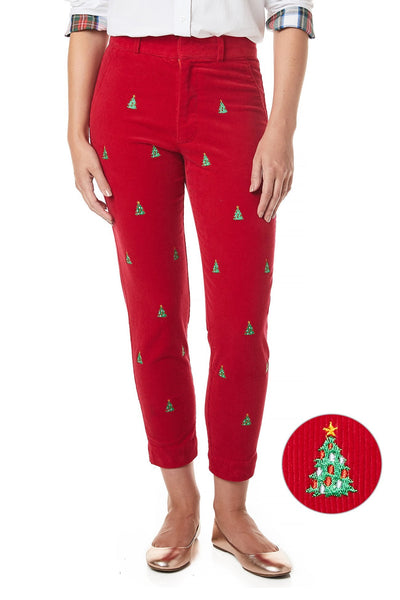 Beachcomber Stretch Corduroy Ankle Capri Crimson with Christmas Tree - Castaway Nantucket Island