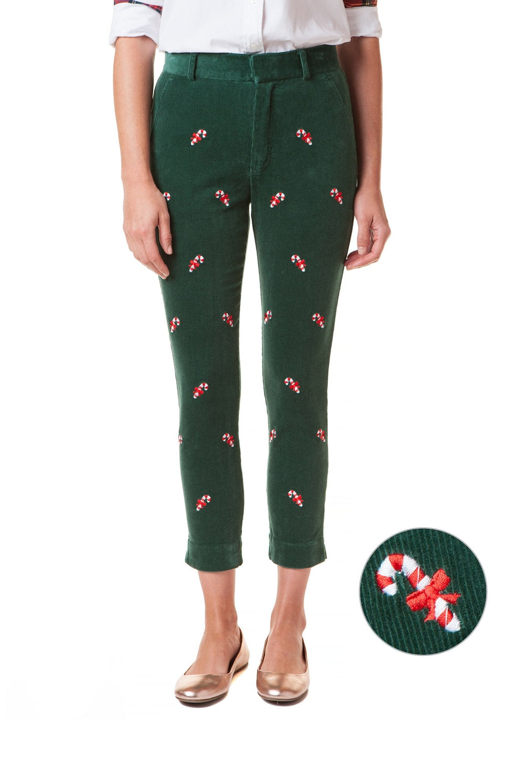 Beachcomber Stretch Corduroy Ankle Capri Hunter with Candy Cane - LADIES PANT - Castaway Nantucket Island