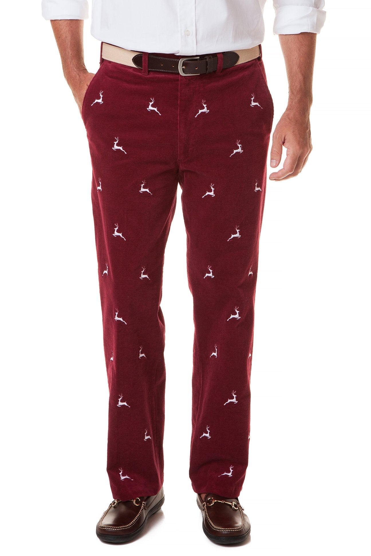 Beachcomber Stretch Corduroy Pant Merlot with Leaping Reindeer