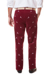 Beachcomber Stretch Corduroy Pant Merlot with Leaping Reindeer - MENS EMBROIDERED PANTS - Castaway Nantucket Island