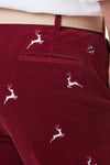 Beachcomber Stretch Corduroy Pant Merlot with Leaping Reindeer - MENS EMBROIDERED PANTS - Castaway Nantucket Island