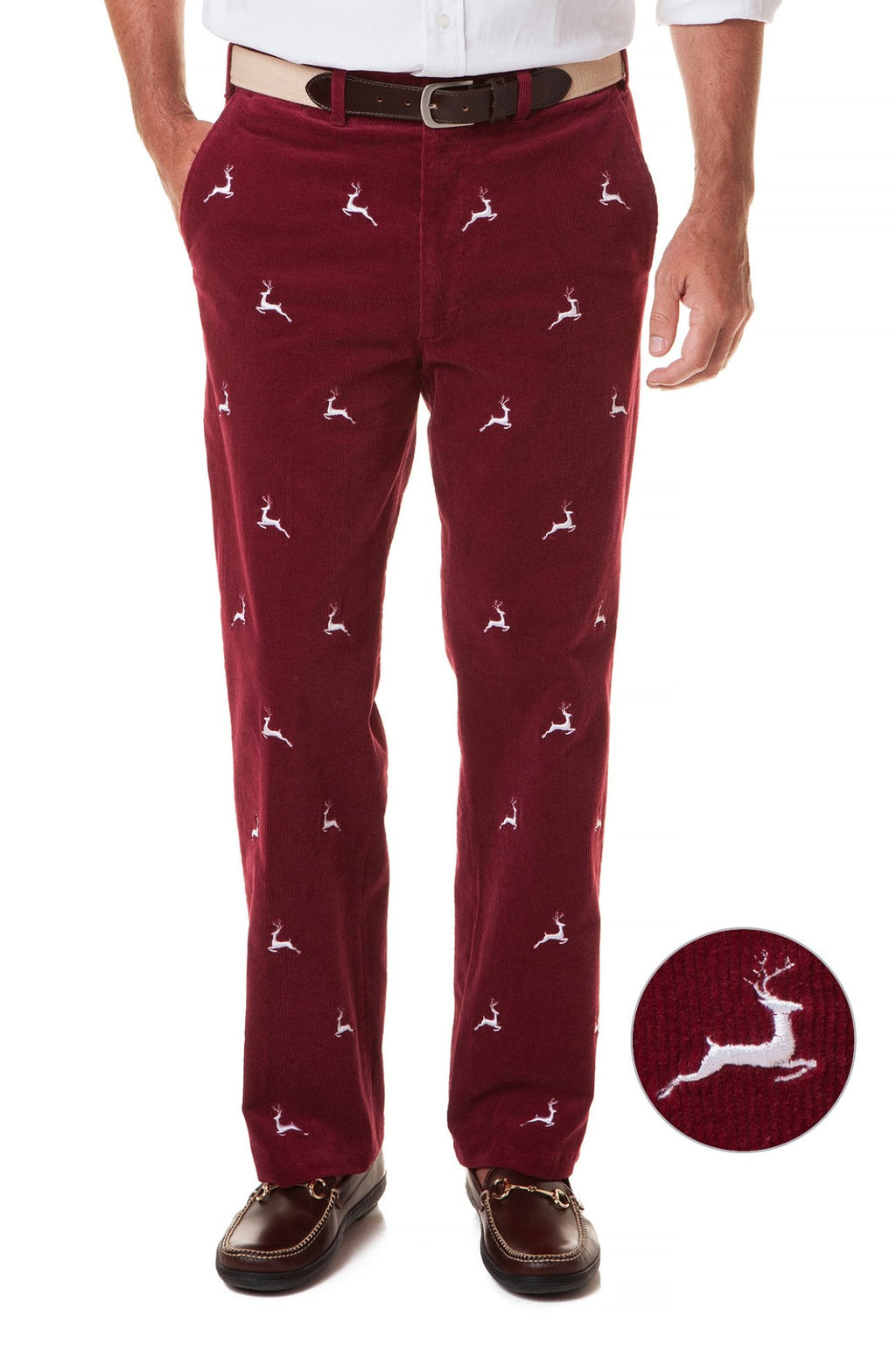 Beachcomber Stretch Corduroy Pant Merlot with Leaping Reindeer - MENS EMBROIDERED PANTS - Castaway Nantucket Island