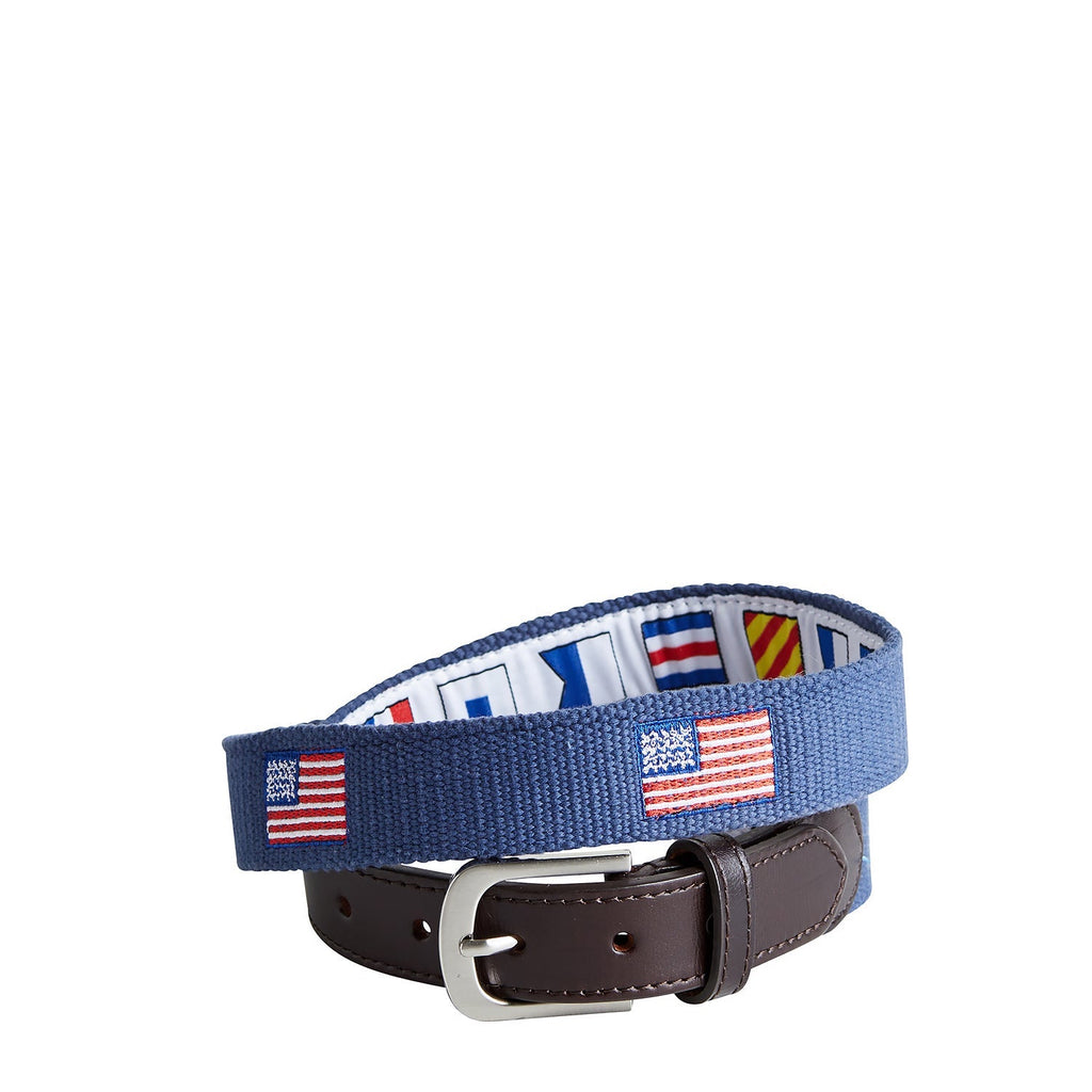 Bowsprit Belt Nantucket Navy Embroidered With American Flag MENS BELTS Castaway Clothing