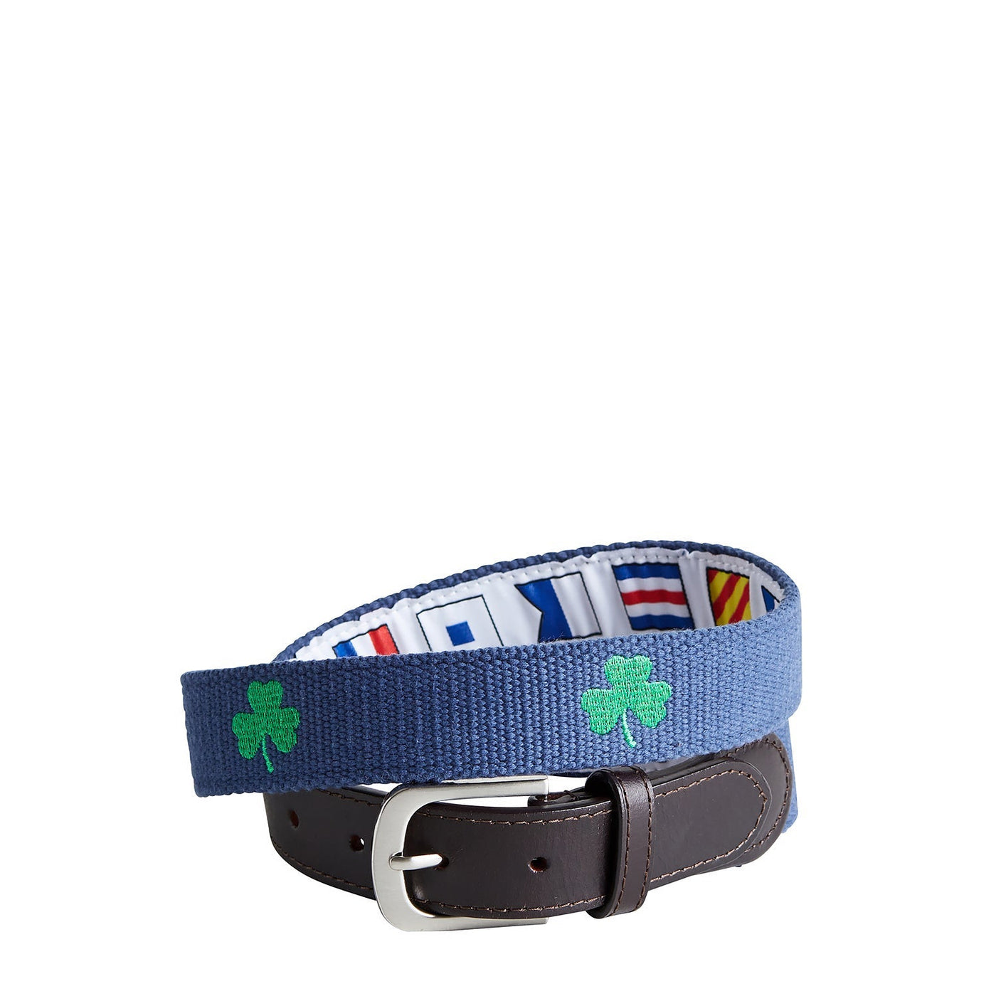 Bowsprit Belt Nantucket Navy Embroidered With Green Shamrocks MENS BELTS Castaway Clothing