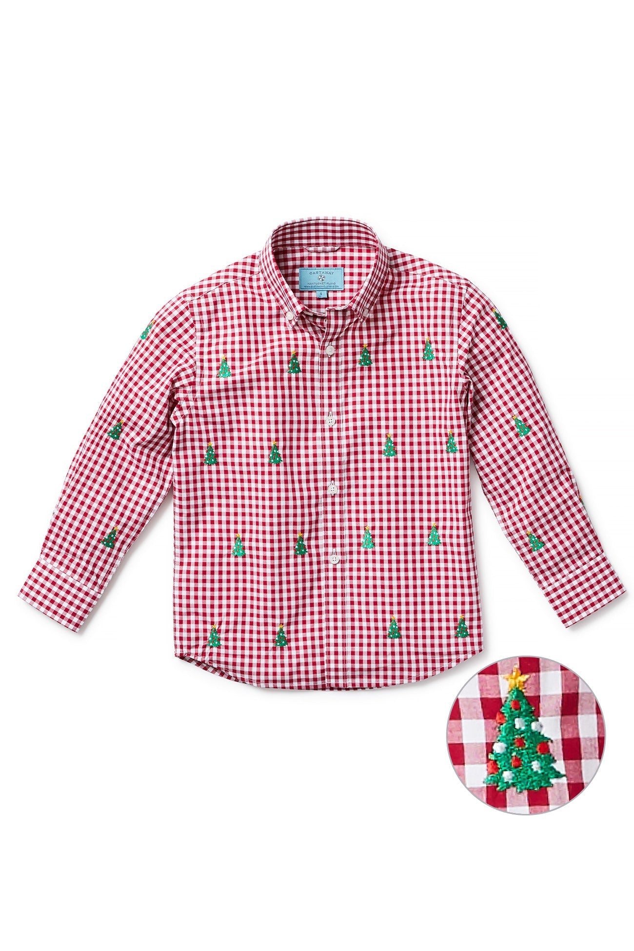 Boys James Shirt Wide Gingham Red with Christmas Tree BOYS SHIRTS Castaway Nantucket Island