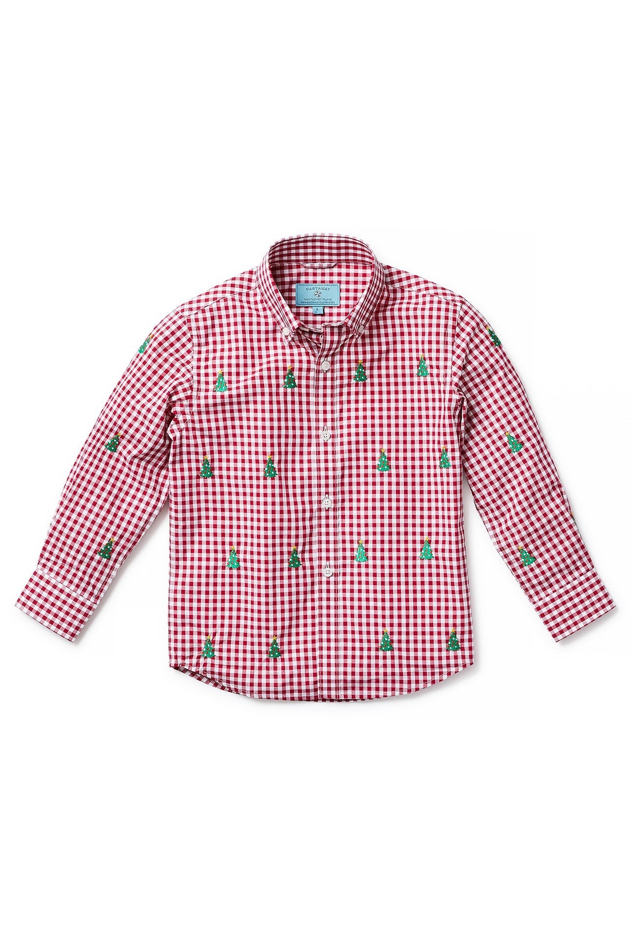 Boys James Shirt Wide Gingham Red with Christmas Tree - Castaway Nantucket Island