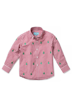 Boys James Shirt Wide Gingham Red with Christmas Tree - Castaway Nantucket Island