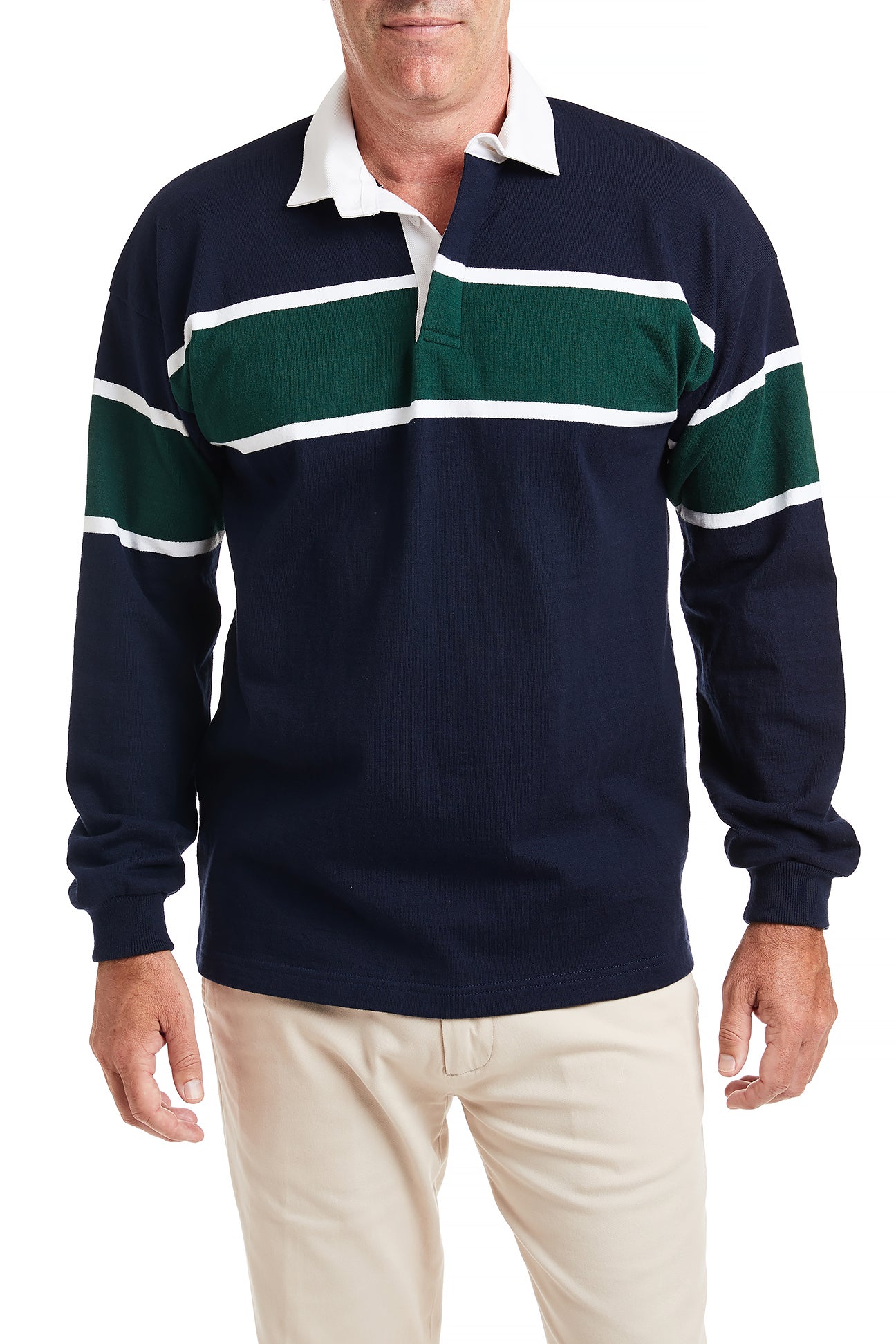 Castaway Rugby Shirt Navy & Green Team Stripe POLOS & TEES Castaway Nantucket Island