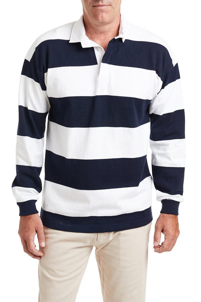 Castaway Mens Rugby Shirt Navy & White Stripe – Castaway Nantucket Island